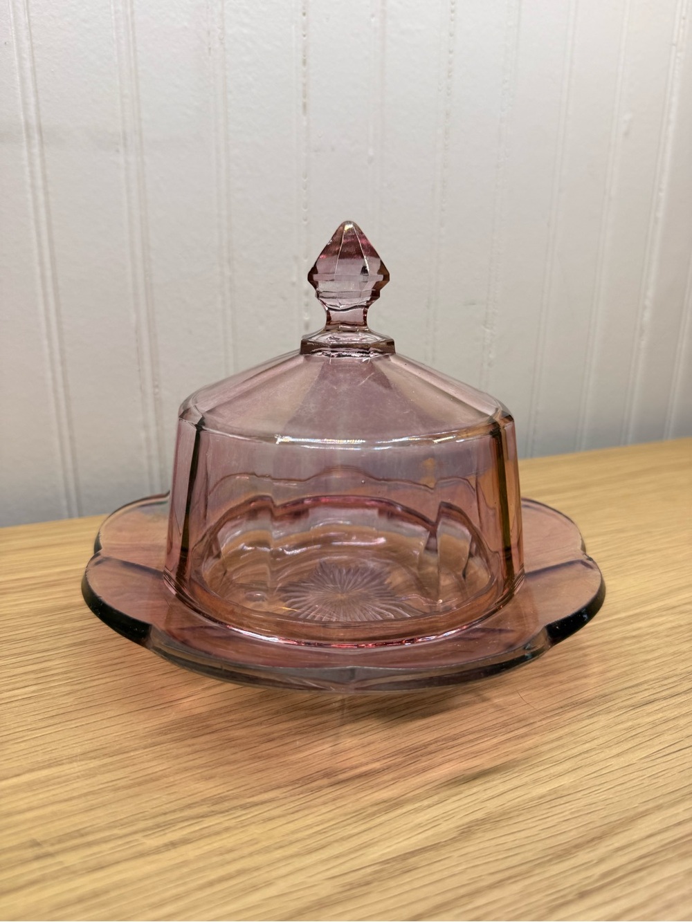 Source Unknown Pink Glass Covered Butter Dish with Floral Base